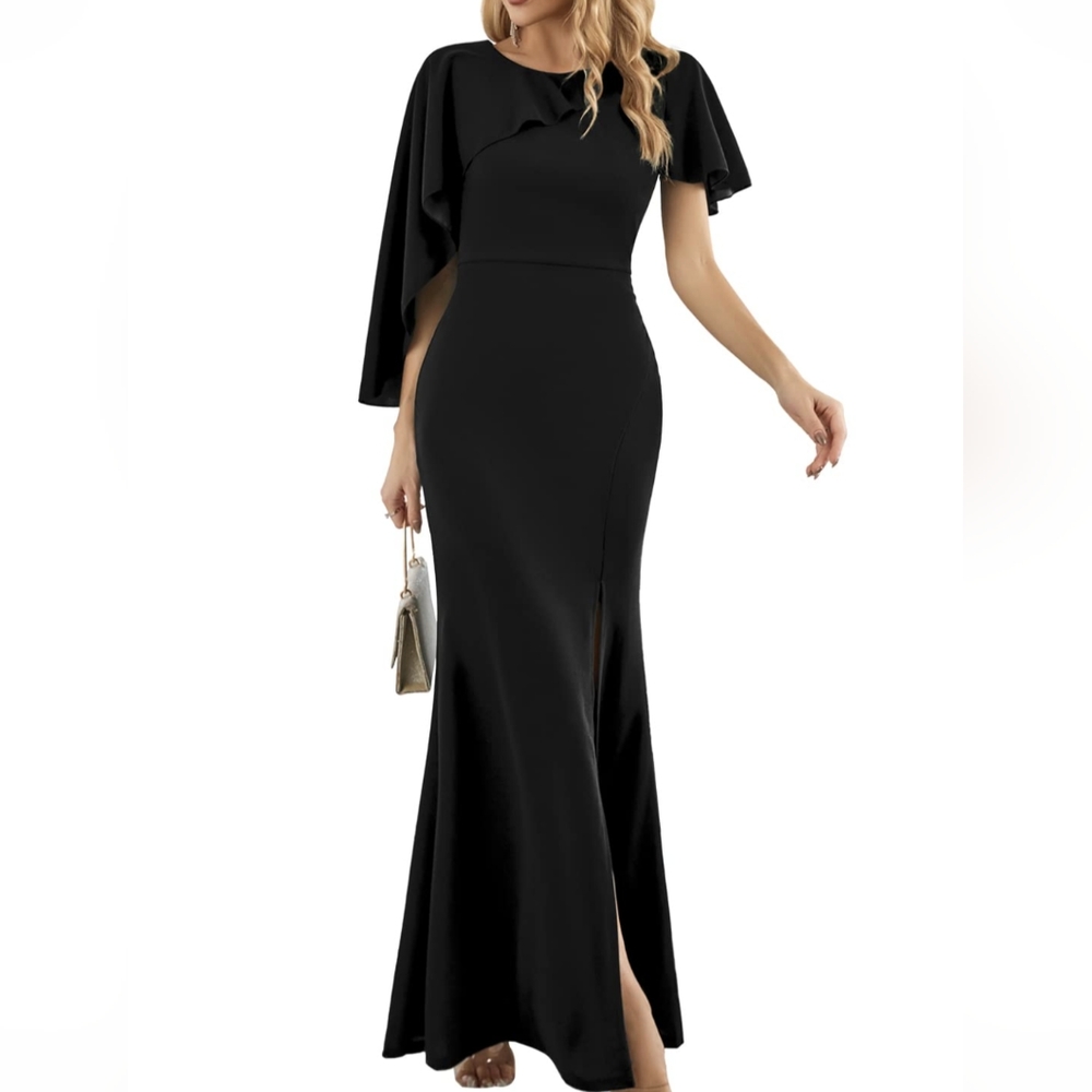 Half cape formal Black dress Size Small New with tags